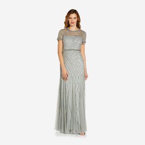 Adrianna Papell Cap Sleeve Beaded Gown In Blue Mist